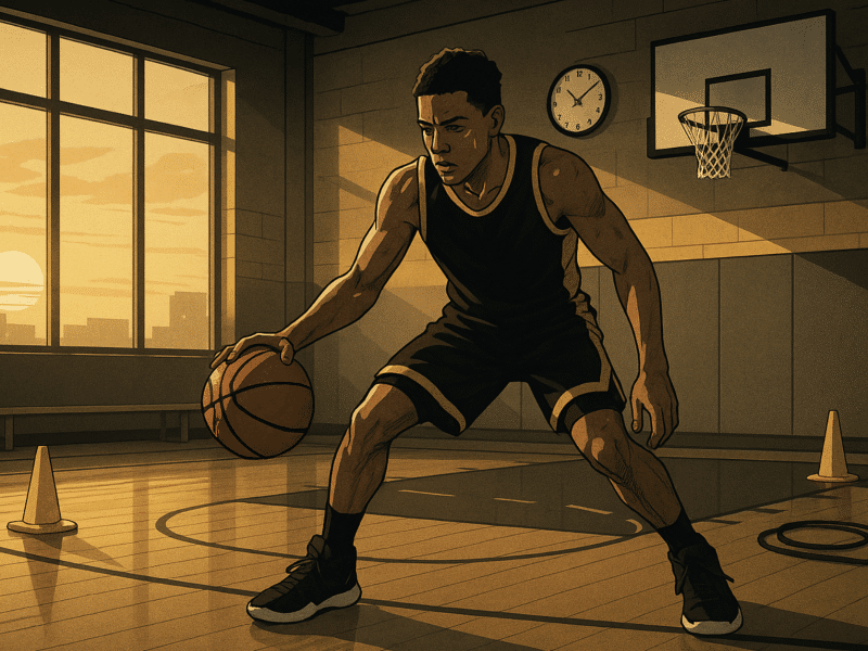 Youth basketball player training alone in a gym at sunrise, focused on improving.